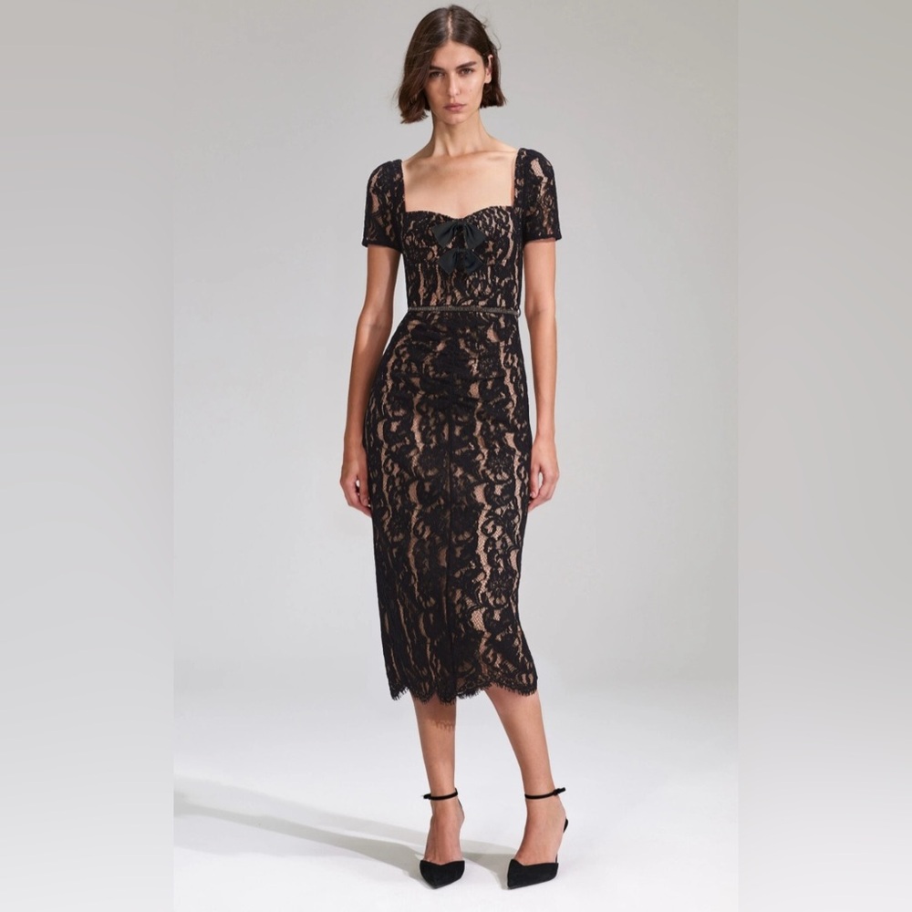 Self-Portrait Fitted Bow Embellished Buttons Black Lace Midi Dress NWOT